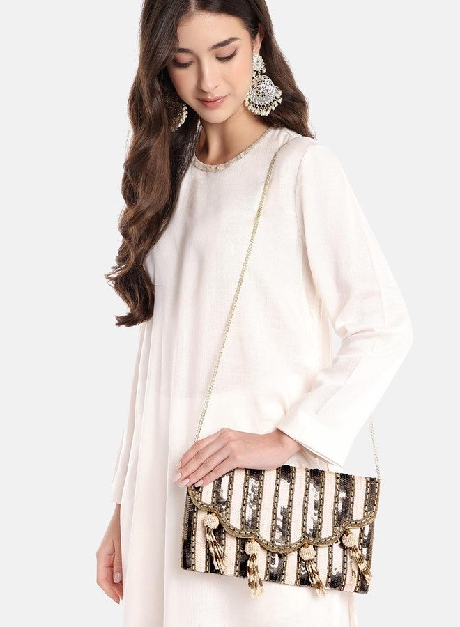 Anekaant Tassel Tales Champagne Sequined Sling Bag with Tassel Work for Women | Party & Wedding Purse - Image 2